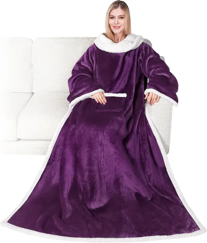 Miniatura 28 de PAVILIA Manta de forro polar con mangas para mujeres y hombres adultos, manta portátil cálida y suave, acogedora con bolsillo para abrazarse, manta