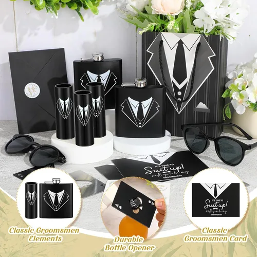 Miniatura 2 de Bokon 48 piezas de regalos para padrinos de boda para hombres, frasco de esmoquin de acero inoxidable, para padrinos de boda, anteojos de póquer