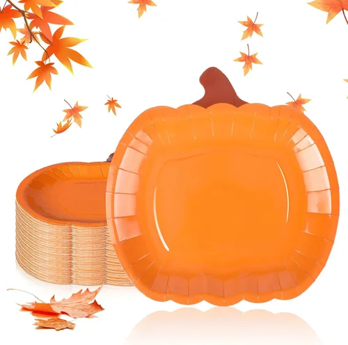 Dandat 50 platos de papel desechables de calabaza de otoño de 9 pulgadas, platos de fiesta de cosecha de Acción de Gracias, naranja redondo,