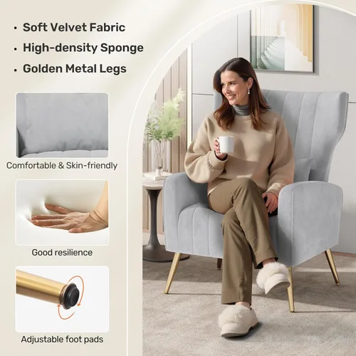 Miniatura 6 de Nalupatio Juego de 2 sillas decorativas modernas para lectura tapizadas de tela de terciopelo, sillón de mediados de siglo, cómodo sillón para sala