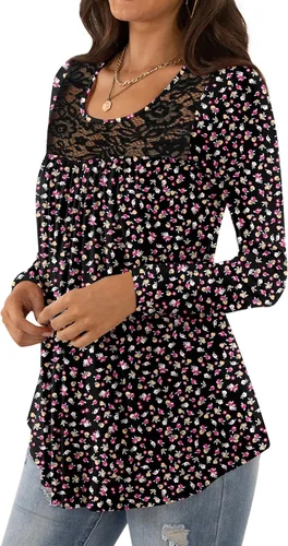 Miniatura 2 de BISHUIGE Blusa de manga corta para mujer, estilo casual, holgada, con panel de encaje, plisada