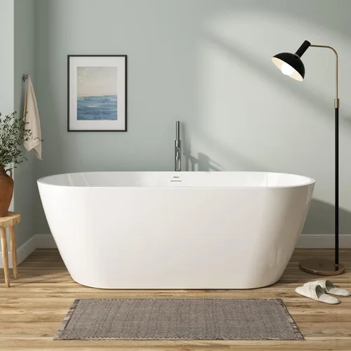 Miniatura 44 de FerdY 59" Bañera de acrílico independiente Bali Elite, bañera independiente de inmersión con forma elegante, certificada cUPC, desagüe negro Toe-Tap