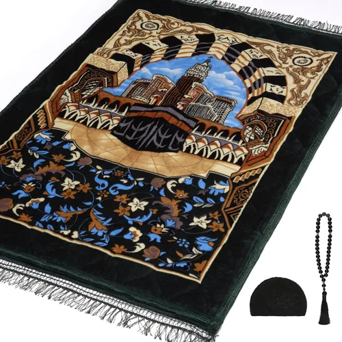 Miniatura 14 de Alfombra de oración musulmana con cuentas de oración Tasbih y sombrero de kufi, acolchada muy gruesa, alfombra de oración para hombres y mujeres