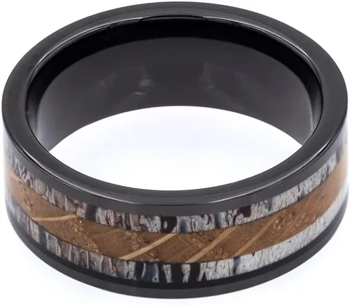 Miniatura 3 de Wapiti Incrustación de cuerno, turquesa y barril de whisky en anillo de tungsteno con caja de anillo incluida, Cuernos Madera de barril de whisky