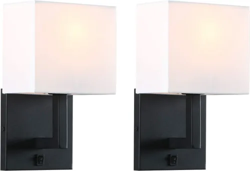 Miniatura 9 de PERMO Juego de 2 lámparas de pared individual con pantallas textiles blancas y botón de interruptor de encendido/apagado, pequeñas lámparas modernas