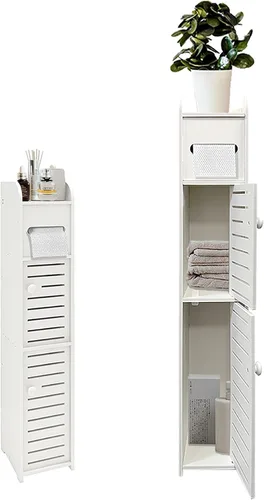 Armario de almacenamiento pequeño para baño, organizador de papel higiénico delgado con 2 puertas y estantes, armario de almacenamiento sobre