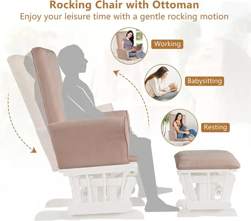 Miniatura 4 de Costzon Juego de mecedora y otomana, muebles de madera para bebé, para siesta y lectura, enfermería, silla mecedora cómoda tapizada limpiable