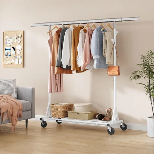 Miniatura 26 de Gewudraw Estante de ropa resistente con carga de 900 libras, estante comercial de doble barra con ruedas y estantes resistentes, estante colgante