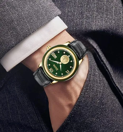 Miniatura 6 de Diella Luxury Dress Watches for Men with Japanese Quartz Movement, Men's Classic Wrist Watches with Black Leather Band, Dark Jade, Gold and Steel