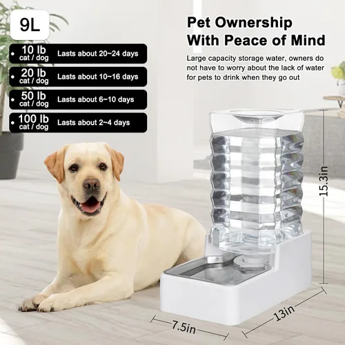 Miniatura 3 de Dispensador automático de agua para mascotas: cuenco de acero inoxidable alimentado por gravedad de 9 L - Alimentador blanco de gran capacidad sin