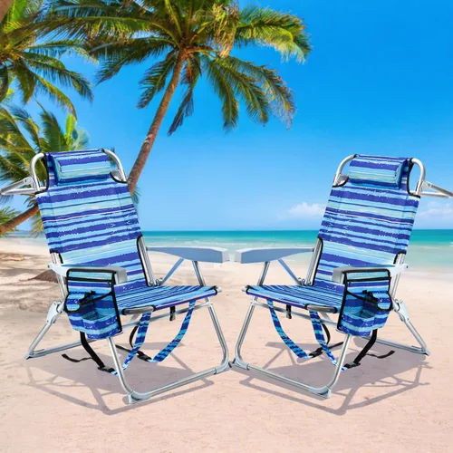 Miniatura 11 de GVDV Sillas de playa tipo mochila para adultos, silla plegable plana portátil con portavasos y toalleros, silla reclinable ajustable de 4 posiciones