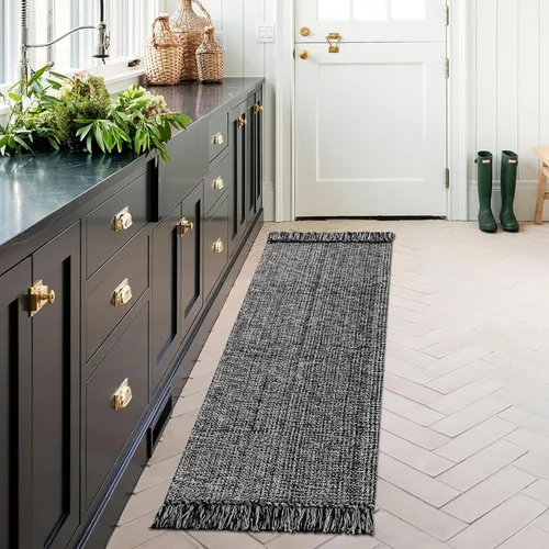 MitoVilla Alfombra bohemia de baño de 2 x 6 pies, color blanco y negro, alfombra tejida de algodón para sala de estar, alfombras de cocina lavables