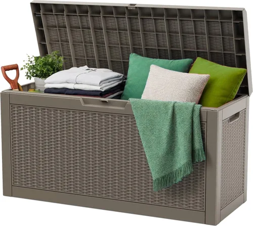 Miniatura 20 de ROJIK Caja de almacenamiento para exteriores, caja de cubierta impermeable de 85 galones, contenedor de almacenamiento exterior de resina resistente