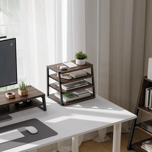 Miniatura 2 de Fenge Organizador de Estante de Escritorio, Estante de Escritorio de 4 Niveles, Estantes de Oficina de Madera y Metal, Organizador de Archivos