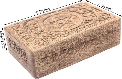 Miniatura 3 de DharmaObjects - Caja de almacenamiento de madera con diseño de estrella de pentagrama tallada, Madera, L