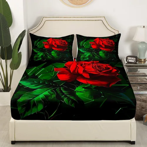 Miniatura 3 de Manfei Juego de sábanas de rosas rojas, tamaño individual, juego de ropa de cama de hojas verdes para niñas, adultos, parejas, decoración