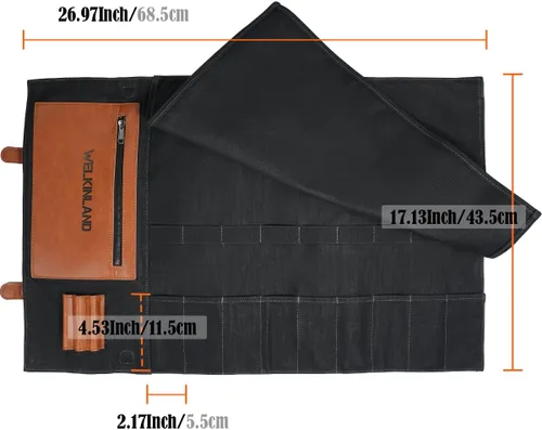 Miniatura 8 de WELKINLAND Bolsa enrollable de cuchillos con 14 bolsillos, Bolsa enrollable de cuero de lona encerada, Porta cuchillos, Bolsa enrollable