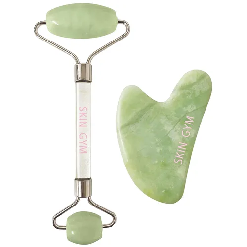 Skin Gym Rodillo facial de jade y herramienta Gua Sha para entrenamiento de cuidado de la piel para arrugas y líneas finas, herramienta de belleza