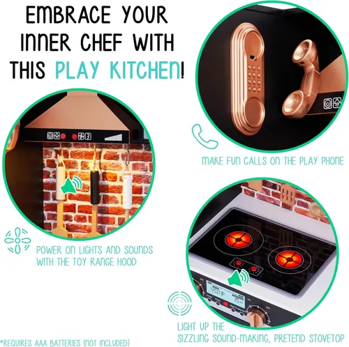 Miniatura 6 de Lil' Jumbl Jumbl - Juego de cocina para niños, cocina de madera de simulación, máquina de hielo a pilas, microondas, campana extractora, estufa