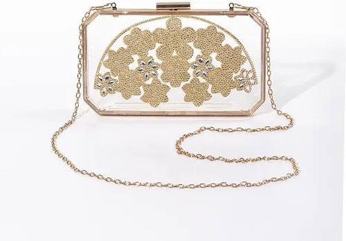Miniatura 3 de ZLXDP - Bolso de mano de noche para mujer, diseño de flores doradas, carteras de boda, acrílico para fiesta, cena, con bolsas de hombro transparentes