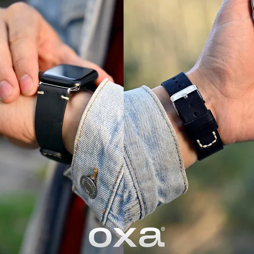 Miniatura 6 de OXA Leather Stitch Detailed Compatible with Apple Watch Band Series 8 7 6 5 4 3 2 1 SE Ultra Polished Stainless-Steel Buckle and Adapters Men