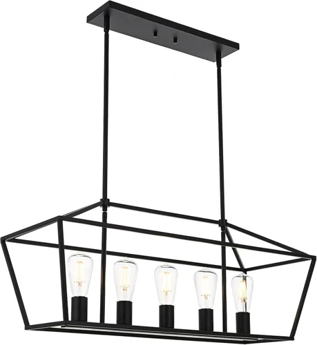 Miniatura 14 de Lámpara moderna de 5 luces para isla de cocina en acabado dorado, lámpara colgante industrial con marco de metal para comedor, vestíbulo, cafetería
