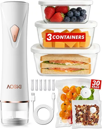 Sellador al vacío compacto preservar para alimentos: máquina selladora al vacío portátil de mano + 3 recipientes de vidrio al vacío + 30 bolsas