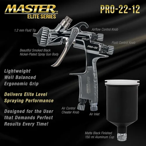Miniatura 3 de Master Elite Performance PRO-22 HVLP Pistola de pulverización de pintura a aire con punta de 0.039 pulgadas, taza de 150ml, manómetro de presión