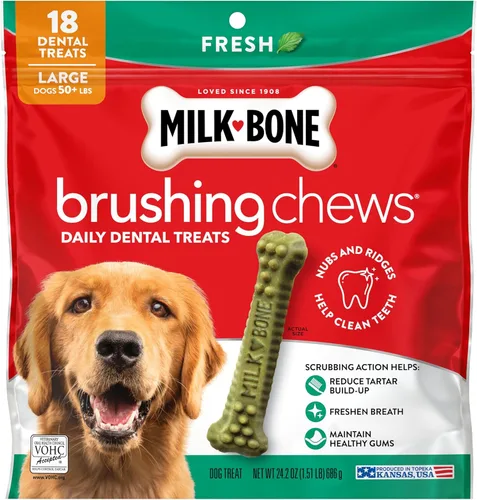 Miniatura 8 de Milk-Bone Masticables de cepillado de aliento fresco, 18 golosinas dentales grandes para perros diarios, acción de fregado que ayuda a limpiar