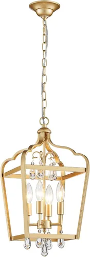 Gold Crystal Chandelier, 4-Light Modern Chandeliers for Dining Room Light Fixture Over Table Adjustable Height Hanging Farmhouse Pendant Light for