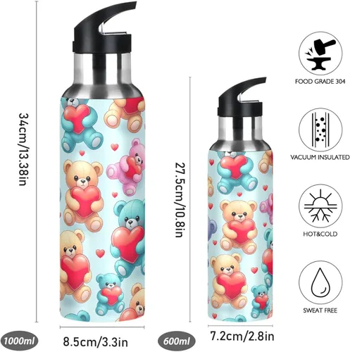Miniatura 2 de Insulated Water Bottle 32 Oz, BPA-Free Sports Water Bottle with Straw for Gym Outdoor Travel School, Cute Bears Red Hearts