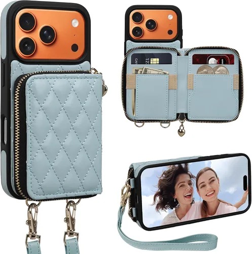 Miniatura 54 de Funda tipo cartera para iPhone 15 de 6.1 pulgadas, bolso cruzado con cremallera y correa para la muñeca con cordón para mujer, tarjetero con bloqueo
