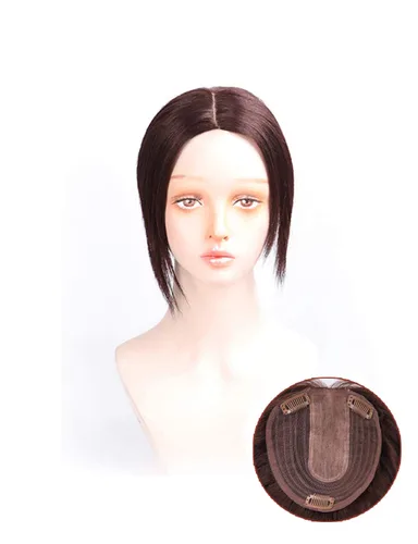 Miniatura 2 de Doble Lase Base de Seda Parte Superior 5.1x5.5 in Cabello Humano Sin Costuras Clip en la Frente Reemplazo Postizo Parte Media/8.7 in, Marrón Oscuro
