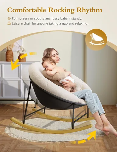 Miniatura 4 de Kidirect Mecedora para Guardería, Mecedoras Modernas Tapizadas para Guardería y Silla de Lectura Redonda con Cojín Removible, Cómoda Mecedora Crema