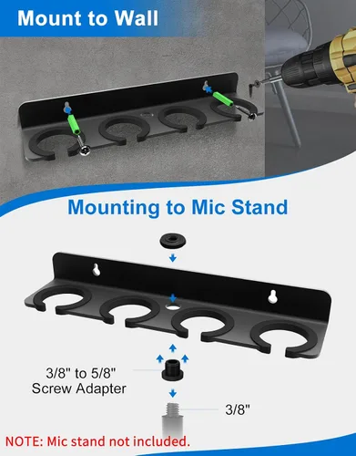 Miniatura 2 de Soporte de micrófono múltiple para micrófonos con cable e inalámbricos, soporta hasta 4 micrófonos, organizador de micrófono múltiple para soporte