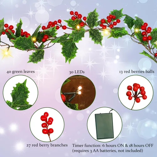 Miniatura 2 de ATDAWN - Guirnalda de Navidad de bayas rojas iluminada de 9 pies, guirnalda de Navidad operada por batería con luces, guirnalda artificial flexible