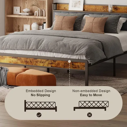 Miniatura 8 de Gizoon Base de cama Queen con cabecera y estribo para dormitorio, cama de plataforma de metal con almacenamiento debajo de la cama, soporte de metal