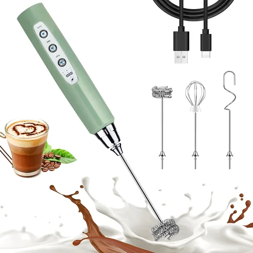 Nahida Espumador de leche verde granito para café, espumador de mano recargable batidor eléctrico con 3 cabezales, 3 velocidades, mezclador de