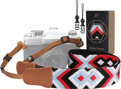 Miniatura 16 de Padwa Lifestyle Correa de cámara con rayas - 1.5" Correa suave de cuerda trenzada de algodón con cabezal de cuero vacuno Crazy Horse para el hombro