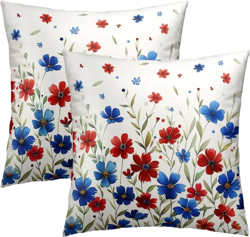 Miniatura 13 de Juego de 2 fundas de cojín decorativas con bandera americana y flores de amapola roja y azul, 16 x 16 pulgadas, fundas cuadradas para sofá, sillón