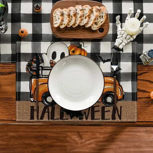 Miniatura 2 de Artoid Mode Buffalo - Juego de 4 manteles individuales espeluznantes de Halloween, 12 x 18 pulgadas, para decoración de fiestas, cocina, comedor
