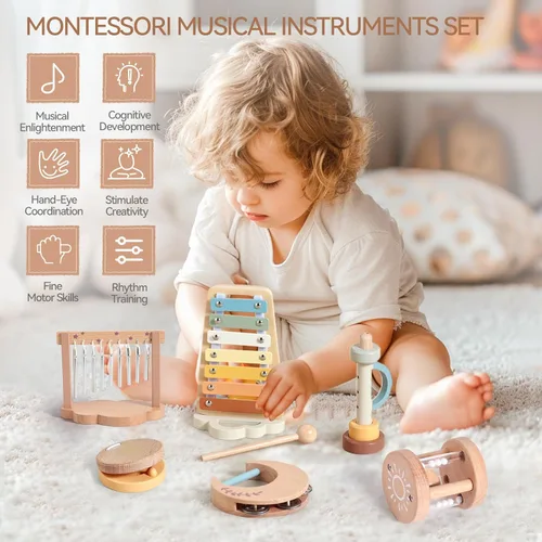 Miniatura 6 de Juegos de instrumentos musicales de xilófono de madera, juguete para niños, sonajero de campana, nube Montessori, juguetes de percusión musical