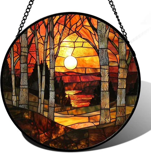 Miniatura 20 de Arte de Vidrio para Colgar en Ventanas, Cielo Azul con Estrellas de Oro Paisaje Abstracto Atrapasoles para Puertas y Ventanas, Adornos