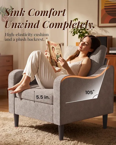 Miniatura 6 de LEVELEVE Silla con brazo Accent – marrón claro, silla de lectura cómoda tapizada para sala de estar, dormitorio, apartamento, sala de espera