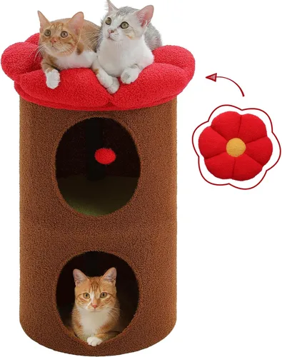 PETEPELA Camas para gatos de 2 niveles para gatos de interior, casa de árbol para gatos con cama de flores extraíble, lindo escondite de gatos,