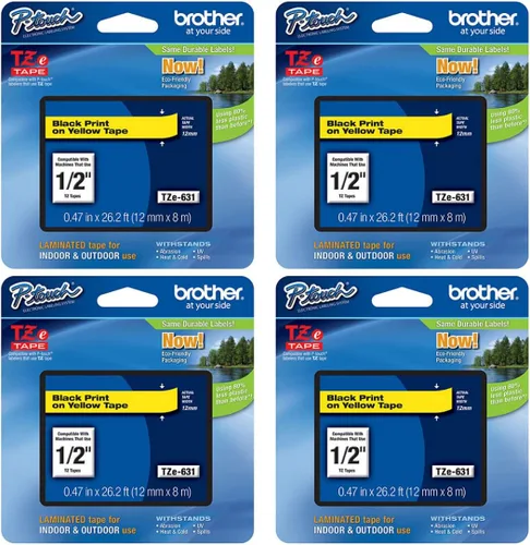 Brother P-Touch - Paquete de 4 cintas laminadas TZe-631, impresión negra sobre cinta adhesiva estándar amarilla para etiquetadoras P-Touch, cada