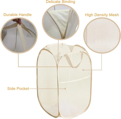 Miniatura 2 de Cesta plegable para la ropa sucia, cesta de malla para almacenamiento para dormitorios universitarios, viajes, cruzar, acampar, color beige