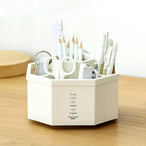 Organizador de escritorio, soporte multifuncional giratorio de 360 grados, 5 compartimentos, organizador estacionario de escritorio, caja de Blanco