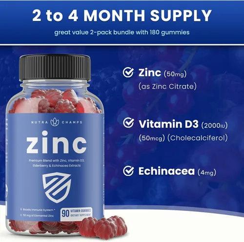 Miniatura 4 de NutraChamps Gomitas de zinc 4 en 1, 50 mg de suplemento de zinc masticable con vitamina D3 2000 UI, saúco y equinácea, apoyo inmunológico, cardíaco