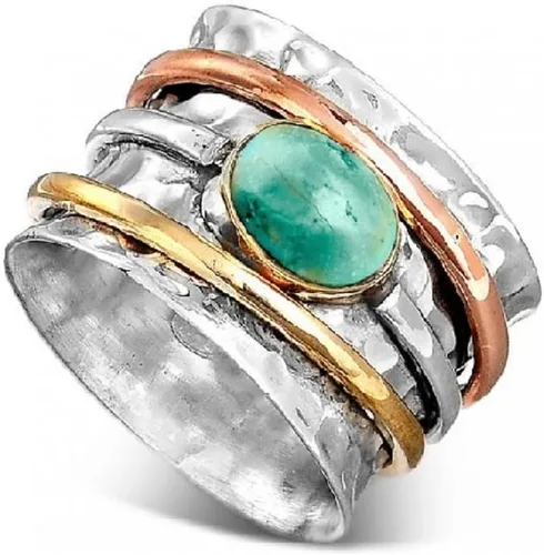 Anillo giratorio turquesa de banda ancha para mujeres y niñas, anillo de múltiples capas antiestrés y bohemio, anillo envolvente de línea plateada
